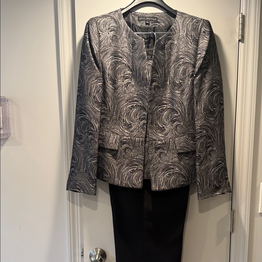 Nipon Boutique Suit - Jacquard Collarless Blazer, Matching Top And Black Pants